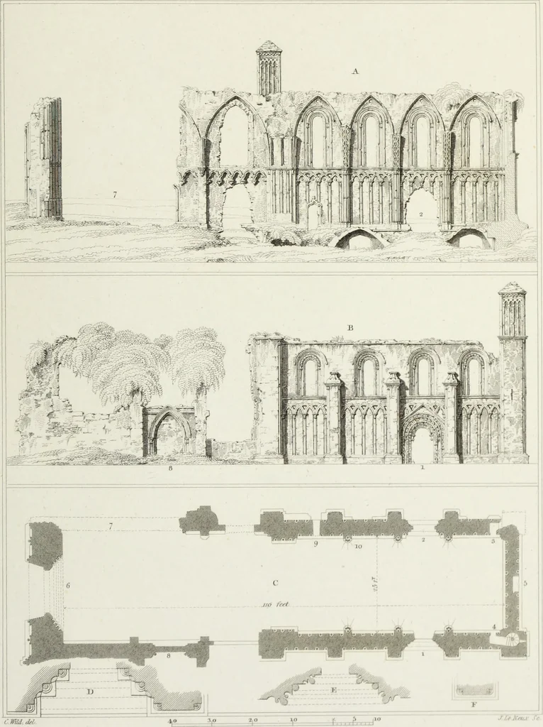 An illustration from The architectural antiquities of Great Britain, represented and illustrated in a series of views, elevations, plans, sections, and details, of various ancient English edifices : with historical and descriptive accounts of each, 1807, leaf 348