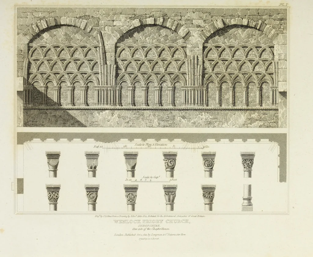 An illustration from The architectural antiquities of Great Britain, represented and illustrated in a series of views, elevations, plans, sections, and details, of various ancient English edifices : with historical and descriptive accounts of each, 1807, leaf 92