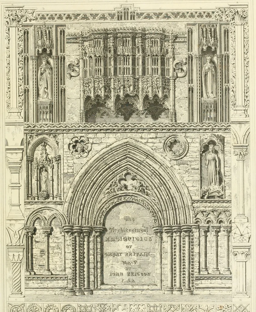 An illustration from The architectural antiquities of Great Britain : represented and illustrated in a series of views, elevations, plans, sections, and details, of various ancient English edifices : with historical and descriptive accounts of each, 1807, leaf 12