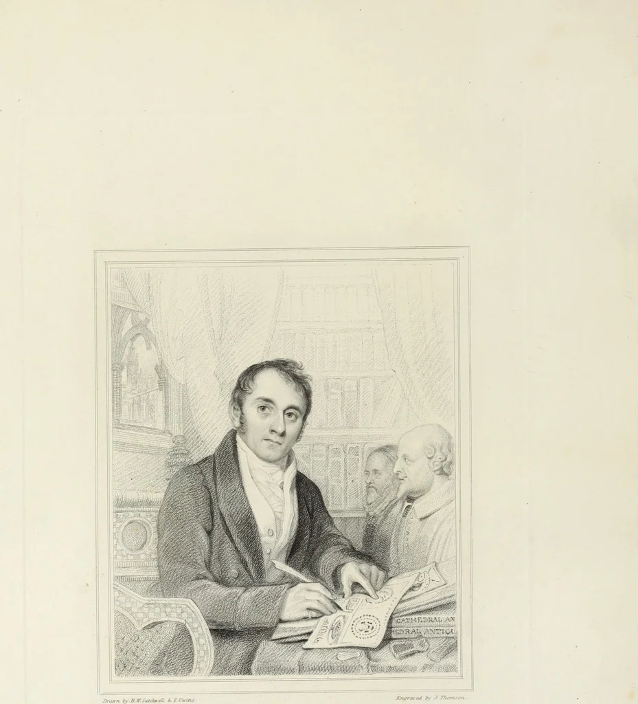 An illustration from The architectural antiquities of Great Britain, represented and illustrated in a series of views, elevations, plans, sections, and details, of various ancient English edifices : with historical and descriptive accounts of each, 1807, leaf 13