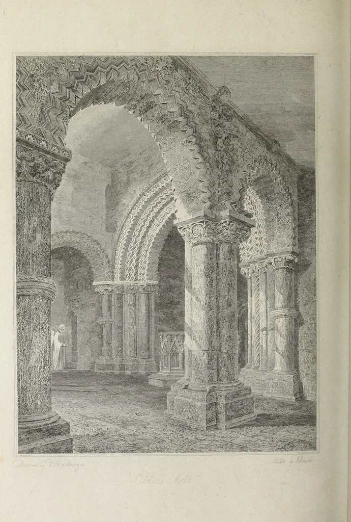 An illustration from The architectural antiquities of Great Britain, represented and illustrated in a series of views, elevations, plans, sections, and details, of various ancient English edifices : with historical and descriptive accounts of each, 1807, leaf 383