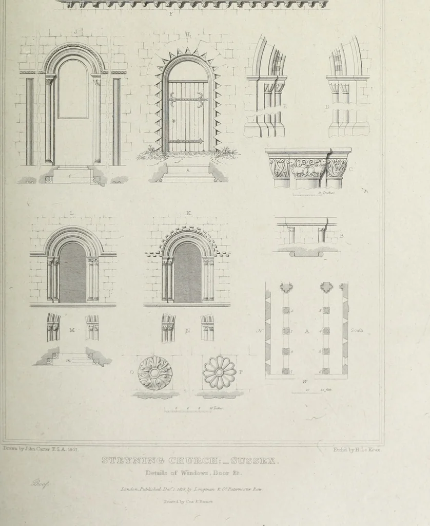 An illustration from The architectural antiquities of Great Britain, represented and illustrated in a series of views, elevations, plans, sections, and details, of various ancient English edifices : with historical and descriptive accounts of each, 1807, leaf 396