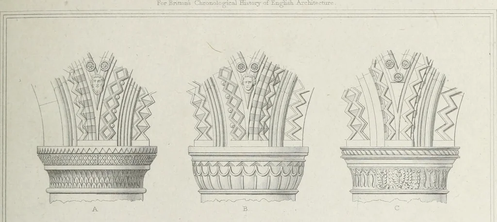 An illustration from The architectural antiquities of Great Britain, represented and illustrated in a series of views, elevations, plans, sections, and details, of various ancient English edifices : with historical and descriptive accounts of each, 1807, leaf 400