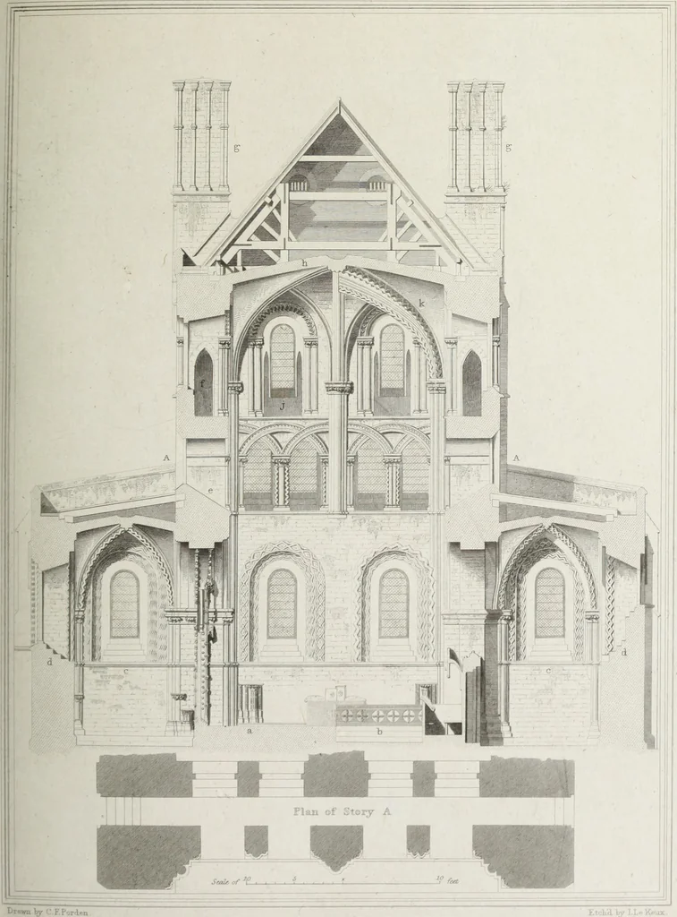 An illustration from The architectural antiquities of Great Britain, represented and illustrated in a series of views, elevations, plans, sections, and details, of various ancient English edifices : with historical and descriptive accounts of each, 1807, leaf 422