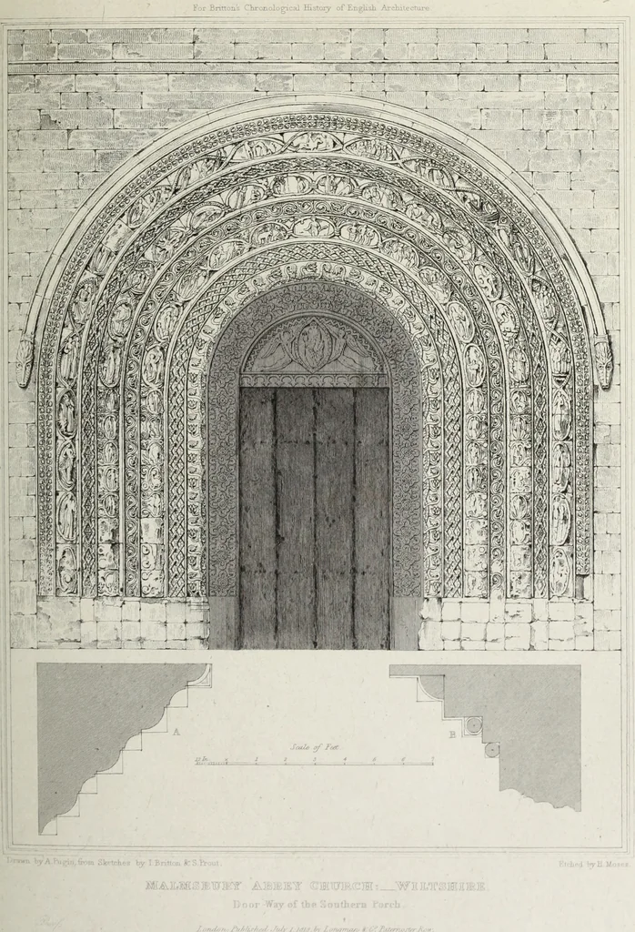 An illustration from The architectural antiquities of Great Britain, represented and illustrated in a series of views, elevations, plans, sections, and details, of various ancient English edifices : with historical and descriptive accounts of each, 1807, leaf 442