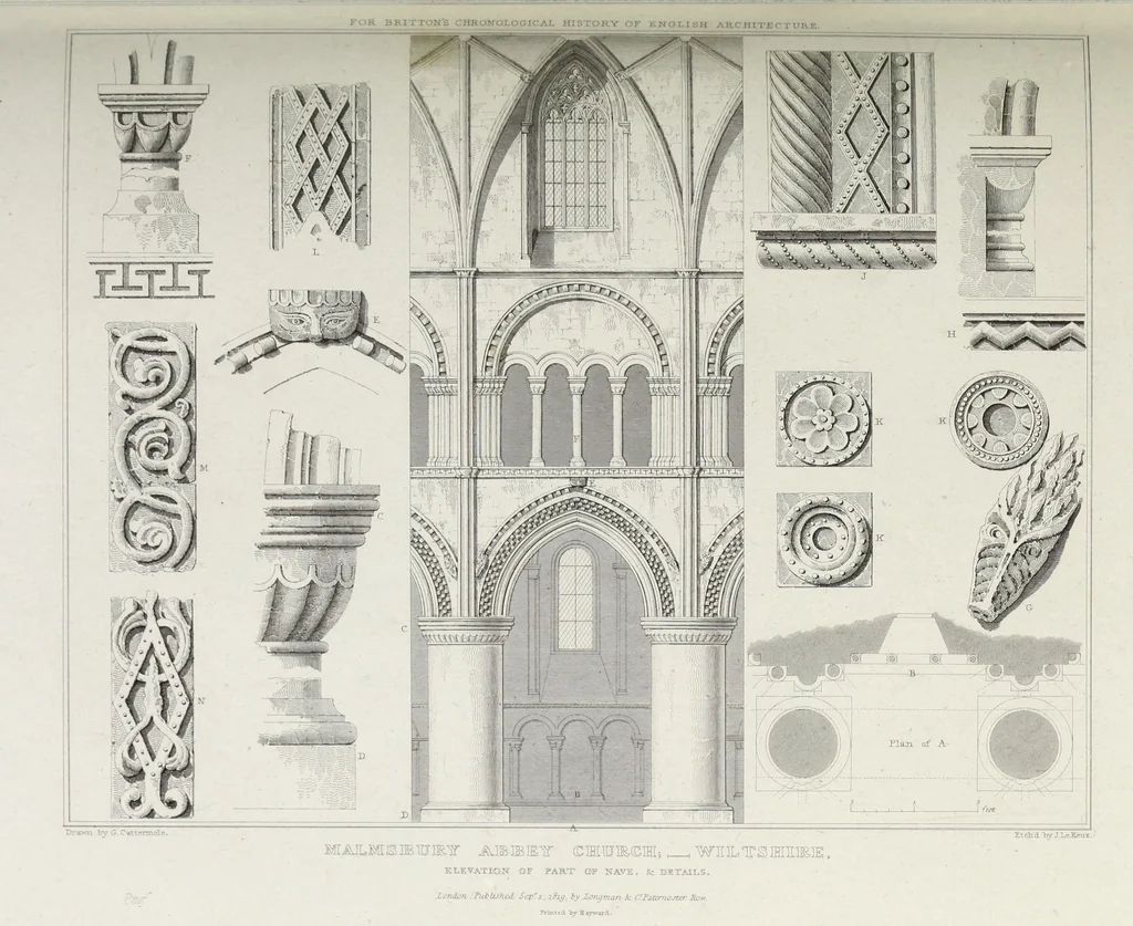 An illustration from The architectural antiquities of Great Britain, represented and illustrated in a series of views, elevations, plans, sections, and details, of various ancient English edifices : with historical and descriptive accounts of each, 1807, leaf 444