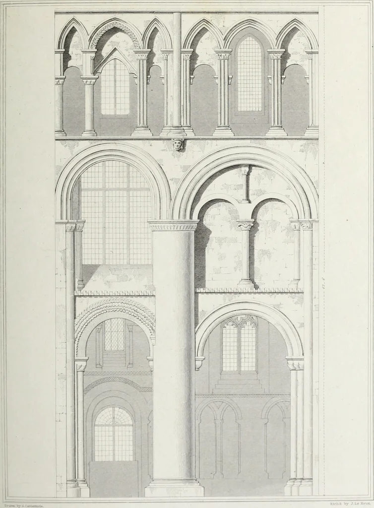 An illustration from The architectural antiquities of Great Britain, represented and illustrated in a series of views, elevations, plans, sections, and details, of various ancient English edifices : with historical and descriptive accounts of each, 1807, leaf 446