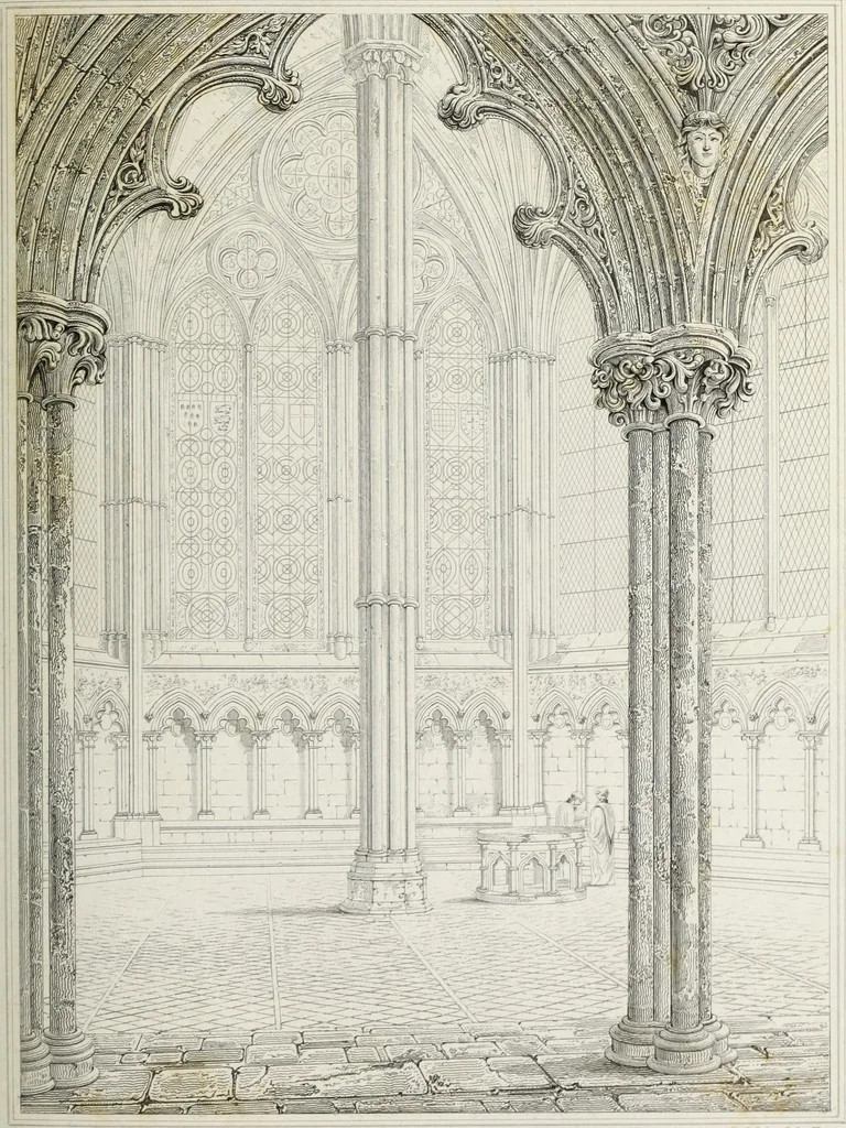 An illustration from The architectural antiquities of Great Britain, represented and illustrated in a series of views, elevations, plans, sections, and details, of various ancient English edifices : with historical and descriptive accounts of each, 1807, leaf 478