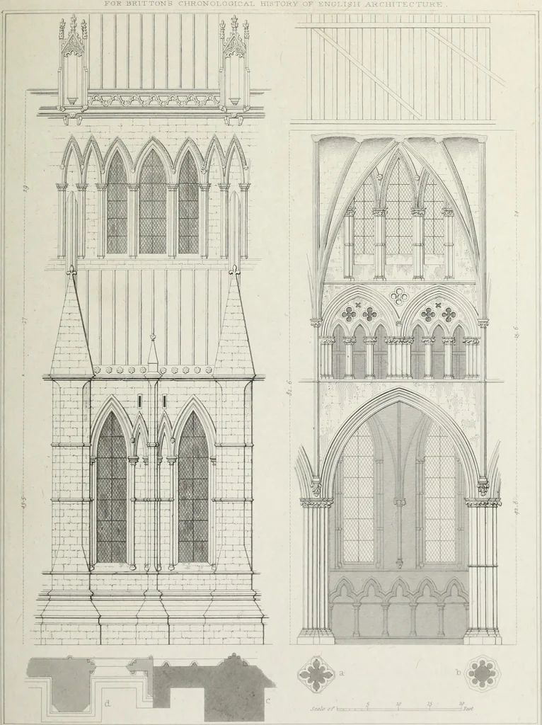 An illustration from The architectural antiquities of Great Britain, represented and illustrated in a series of views, elevations, plans, sections, and details, of various ancient English edifices : with historical and descriptive accounts of each, 1807, leaf 486