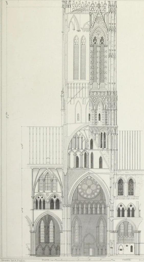 An illustration from The architectural antiquities of Great Britain, represented and illustrated in a series of views, elevations, plans, sections, and details, of various ancient English edifices : with historical and descriptive accounts of each, 1807, leaf 490