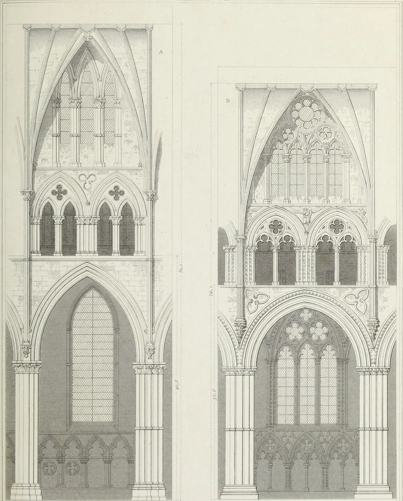 An illustration from The architectural antiquities of Great Britain, represented and illustrated in a series of views, elevations, plans, sections, and details, of various ancient English edifices : with historical and descriptive accounts of each, 1807, leaf 492