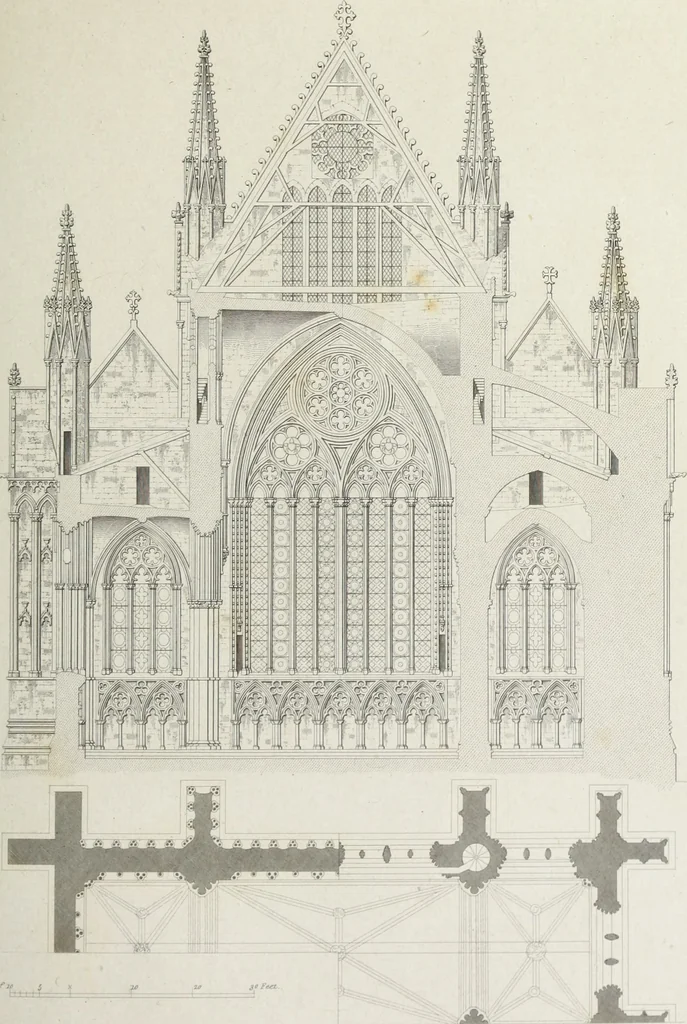 An illustration from The architectural antiquities of Great Britain, represented and illustrated in a series of views, elevations, plans, sections, and details, of various ancient English edifices : with historical and descriptive accounts of each, 1807, leaf 496