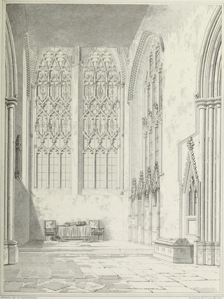 An illustration from The architectural antiquities of Great Britain, represented and illustrated in a series of views, elevations, plans, sections, and details, of various ancient English edifices : with historical and descriptive accounts of each, 1807, leaf 506