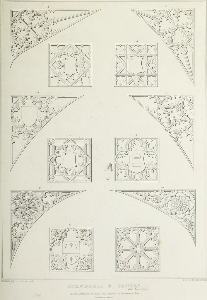 An illustration from The architectural antiquities of Great Britain, represented and illustrated in a series of views, elevations, plans, sections, and details, of various ancient English edifices : with historical and descriptive accounts of each, 1807, leaf 528