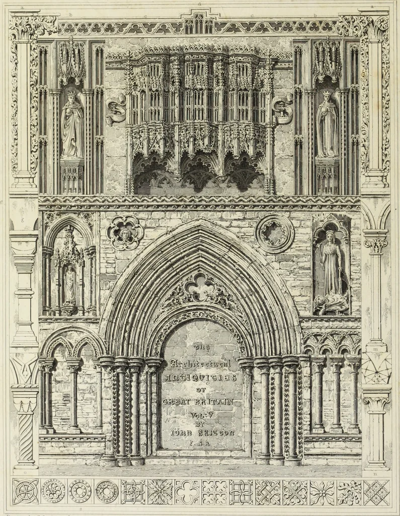 An illustration from The architectural antiquities of Great Britain, represented and illustrated in a series of views, elevations, plans, sections, and details, of various ancient English edifices : with historical and descriptive accounts of each, 1807, leaf 7