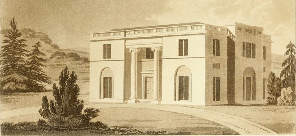An illustration from Architectural designs for rustic cottages, picturesque dwellings, villas, &c. : with appropriate scenery, plans and descriptions : to which are prefixed, some critical observations on their style and character : and also of castles, abbies, and ancient English houses, concluding with practical remarks on building, and the causes of the dry rot, 1807, leaf 100