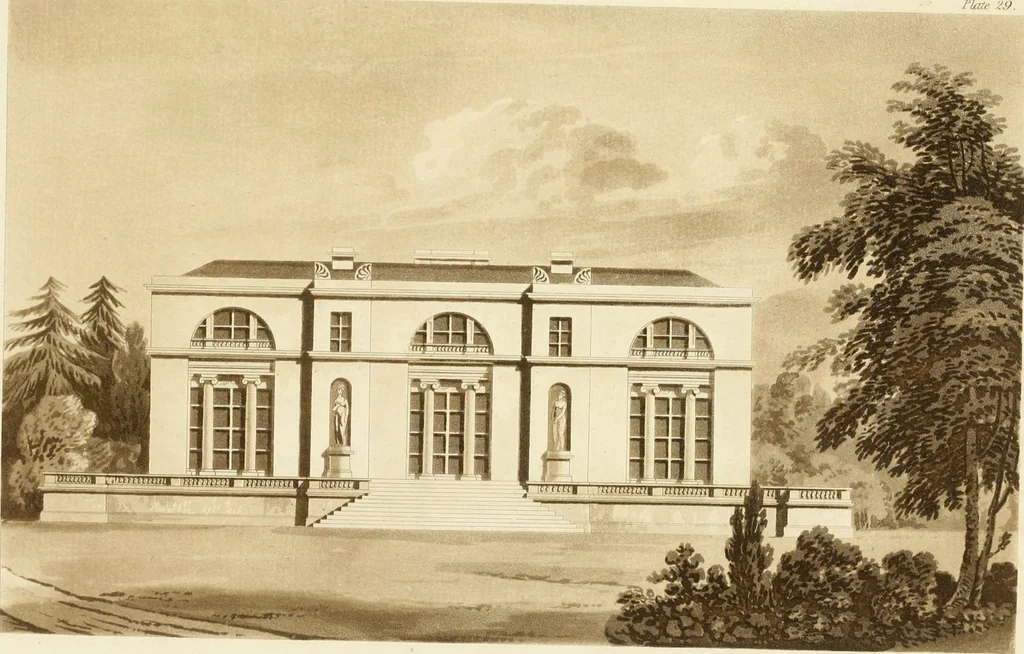 An illustration from Architectural designs for rustic cottages, picturesque dwellings, villas, &c. : with appropriate scenery, plans and descriptions : to which are prefixed, some critical observations on their style and character : and also of castles, abbies, and ancient English houses, concluding with practical remarks on building, and the causes of the dry rot, 1807, leaf 104