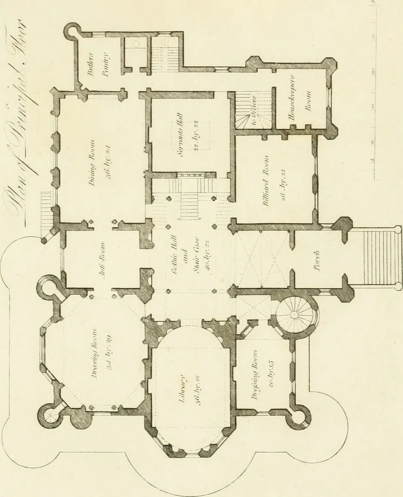 An illustration from Architectural designs for rustic cottages, picturesque dwellings, villas, &c. : with appropriate scenery, plans and descriptions : to which are prefixed, some critical observations on their style and character : and also of castles, abbies, and ancient English houses, concluding with practical remarks on building, and the causes of the dry rot, 1807, leaf 106