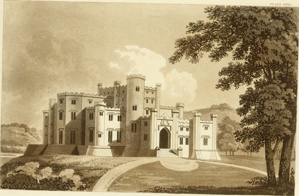 An illustration from Architectural designs for rustic cottages, picturesque dwellings, villas, &c. : with appropriate scenery, plans and descriptions : to which are prefixed, some critical observations on their style and character : and also of castles, abbies, and ancient English houses, concluding with practical remarks on building, and the causes of the dry rot, 1807, leaf 108