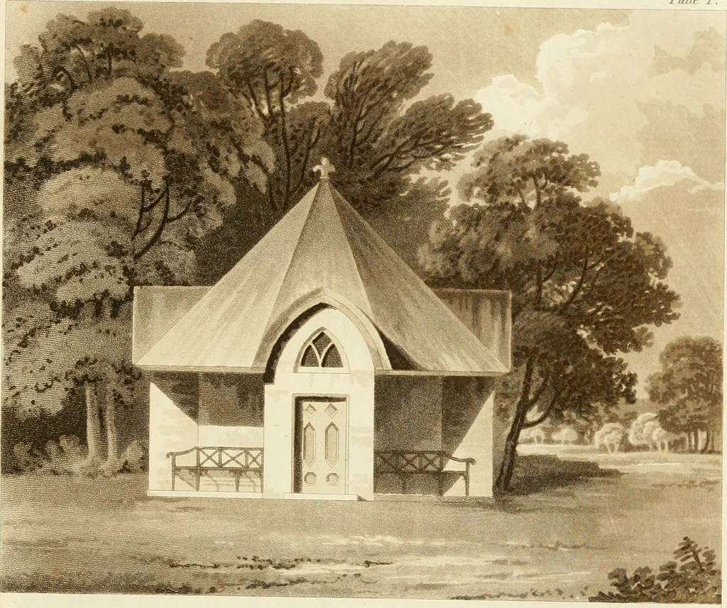 An illustration from Architectural designs for rustic cottages, picturesque dwellings, villas, &c. : with appropriate scenery, plans and descriptions : to which are prefixed, some critical observations on their style and character : and also of castles, abbies, and ancient English houses, concluding with practical remarks on building, and the causes of the dry rot, 1807, leaf 48