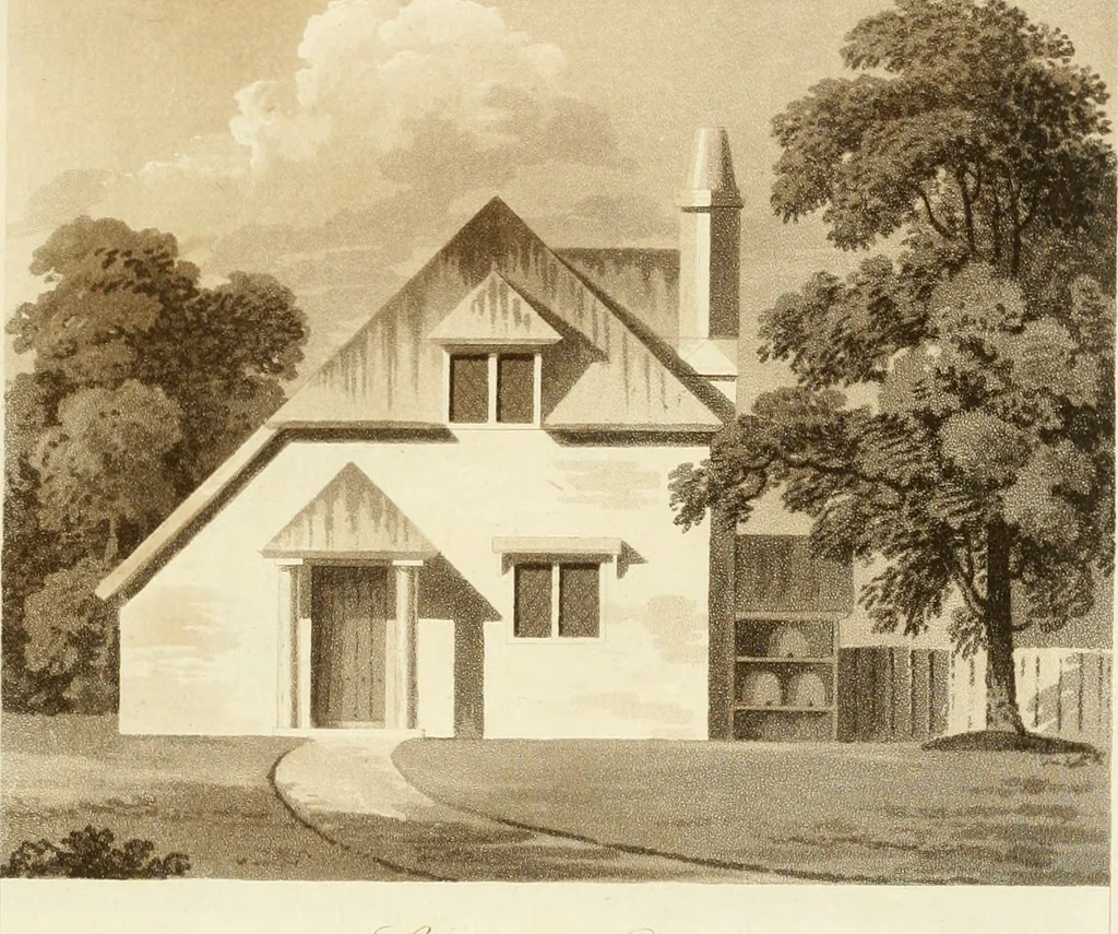 An illustration from Architectural designs for rustic cottages, picturesque dwellings, villas, &c. : with appropriate scenery, plans and descriptions : to which are prefixed, some critical observations on their style and character : and also of castles, abbies, and ancient English houses, concluding with practical remarks on building, and the causes of the dry rot, 1807, leaf 50