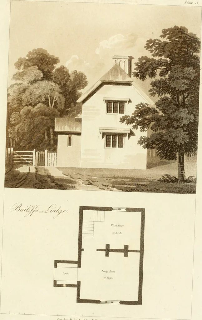 An illustration from Architectural designs for rustic cottages, picturesque dwellings, villas, &c. : with appropriate scenery, plans and descriptions : to which are prefixed, some critical observations on their style and character : and also of castles, abbies, and ancient English houses, concluding with practical remarks on building, and the causes of the dry rot, 1807, leaf 52