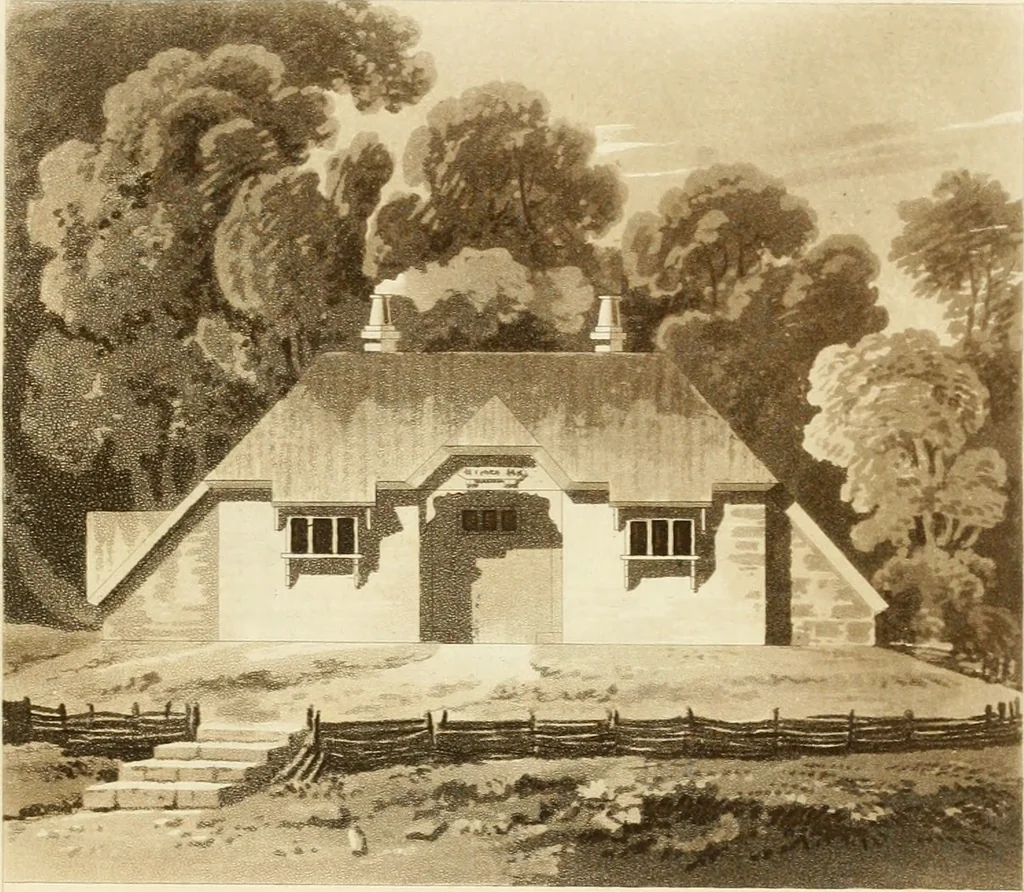 An illustration from Architectural designs for rustic cottages, picturesque dwellings, villas, &c. : with appropriate scenery, plans and descriptions : to which are prefixed, some critical observations on their style and character : and also of castles, abbies, and ancient English houses, concluding with practical remarks on building, and the causes of the dry rot, 1807, leaf 56