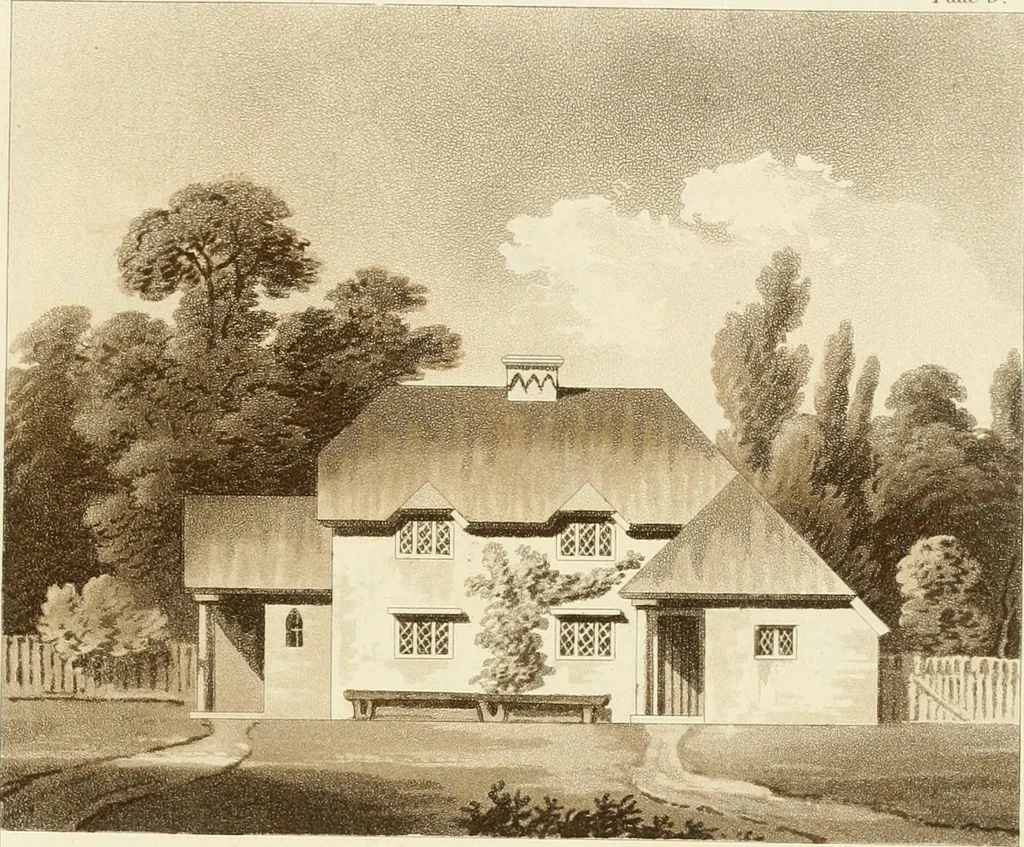 An illustration from Architectural designs for rustic cottages, picturesque dwellings, villas, &c. : with appropriate scenery, plans and descriptions : to which are prefixed, some critical observations on their style and character : and also of castles, abbies, and ancient English houses, concluding with practical remarks on building, and the causes of the dry rot, 1807, leaf 58