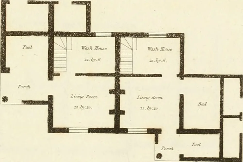 An illustration from Architectural designs for rustic cottages, picturesque dwellings, villas, &c. : with appropriate scenery, plans and descriptions : to which are prefixed, some critical observations on their style and character : and also of castles, abbies, and ancient English houses, concluding with practical remarks on building, and the causes of the dry rot, 1807, leaf 58
