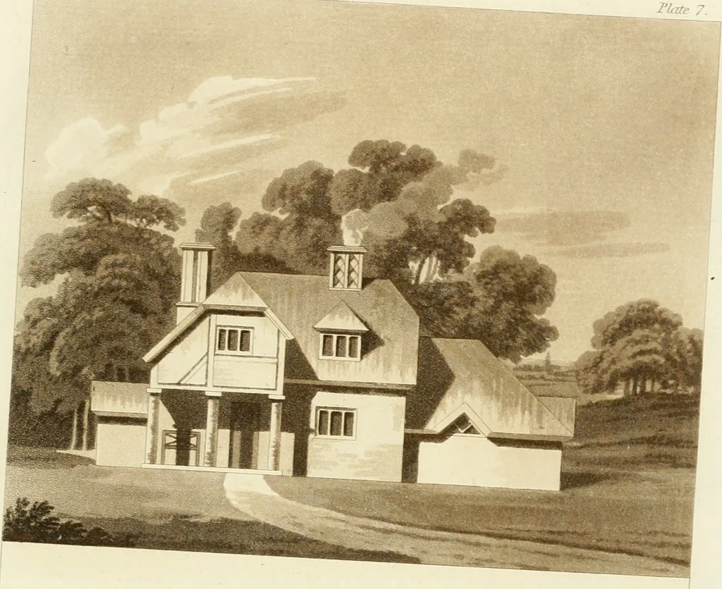 An illustration from Architectural designs for rustic cottages, picturesque dwellings, villas, &c. : with appropriate scenery, plans and descriptions : to which are prefixed, some critical observations on their style and character : and also of castles, abbies, and ancient English houses, concluding with practical remarks on building, and the causes of the dry rot, 1807, leaf 60