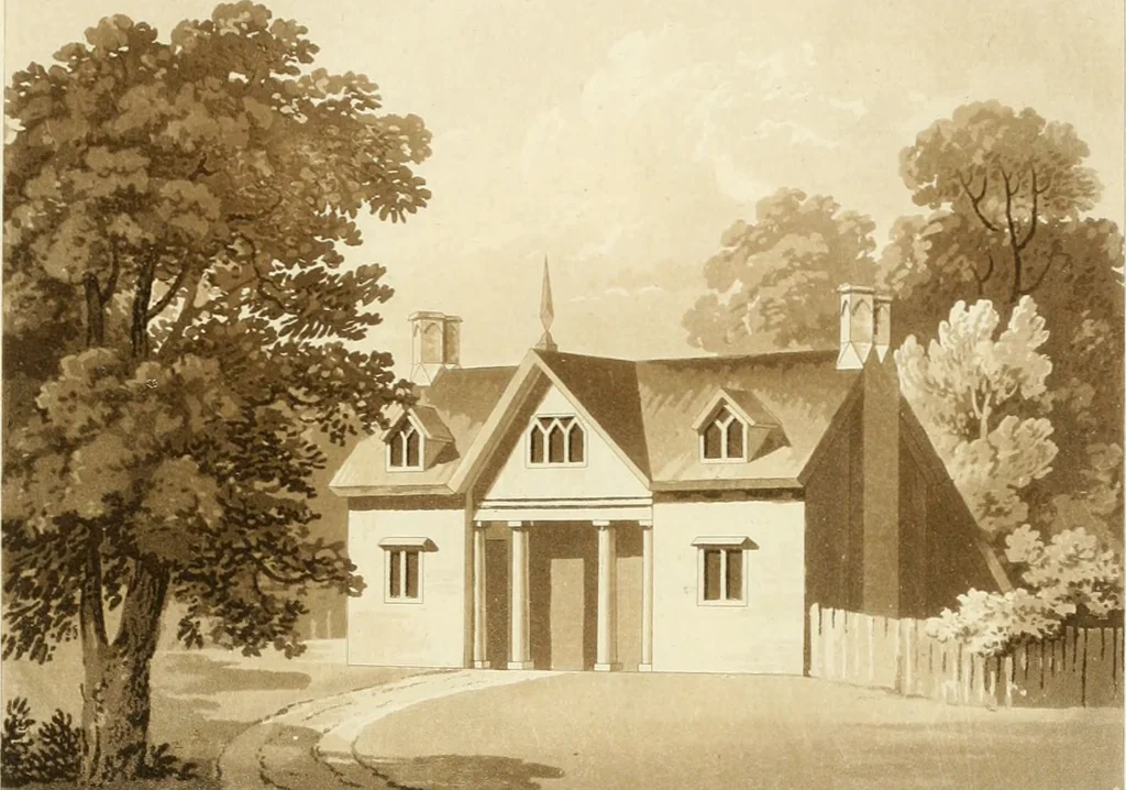 An illustration from Architectural designs for rustic cottages, picturesque dwellings, villas, &c. : with appropriate scenery, plans and descriptions : to which are prefixed, some critical observations on their style and character : and also of castles, abbies, and ancient English houses, concluding with practical remarks on building, and the causes of the dry rot, 1807, leaf 62