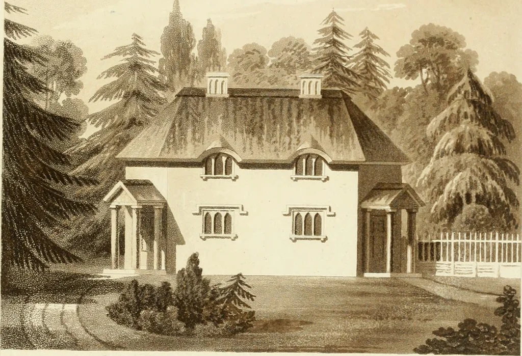 An illustration from Architectural designs for rustic cottages, picturesque dwellings, villas, &c. : with appropriate scenery, plans and descriptions : to which are prefixed, some critical observations on their style and character : and also of castles, abbies, and ancient English houses, concluding with practical remarks on building, and the causes of the dry rot, 1807, leaf 64