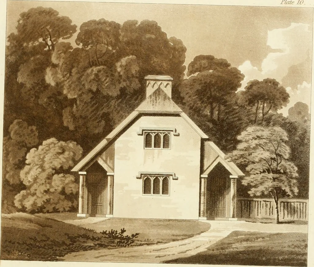 An illustration from Architectural designs for rustic cottages, picturesque dwellings, villas, &c. : with appropriate scenery, plans and descriptions : to which are prefixed, some critical observations on their style and character : and also of castles, abbies, and ancient English houses, concluding with practical remarks on building, and the causes of the dry rot, 1807, leaf 66