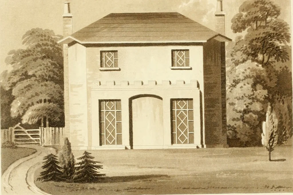 An illustration from Architectural designs for rustic cottages, picturesque dwellings, villas, &c. : with appropriate scenery, plans and descriptions : to which are prefixed, some critical observations on their style and character : and also of castles, abbies, and ancient English houses, concluding with practical remarks on building, and the causes of the dry rot, 1807, leaf 68