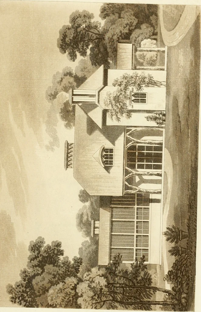 An illustration from Architectural designs for rustic cottages, picturesque dwellings, villas, &c. : with appropriate scenery, plans and descriptions : to which are prefixed, some critical observations on their style and character : and also of castles, abbies, and ancient English houses, concluding with practical remarks on building, and the causes of the dry rot, 1807, leaf 72