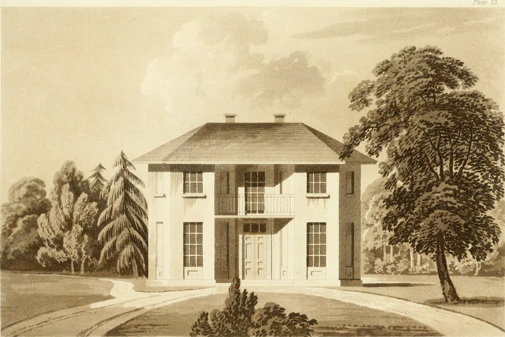 An illustration from Architectural designs for rustic cottages, picturesque dwellings, villas, &c. : with appropriate scenery, plans and descriptions : to which are prefixed, some critical observations on their style and character : and also of castles, abbies, and ancient English houses, concluding with practical remarks on building, and the causes of the dry rot, 1807, leaf 76