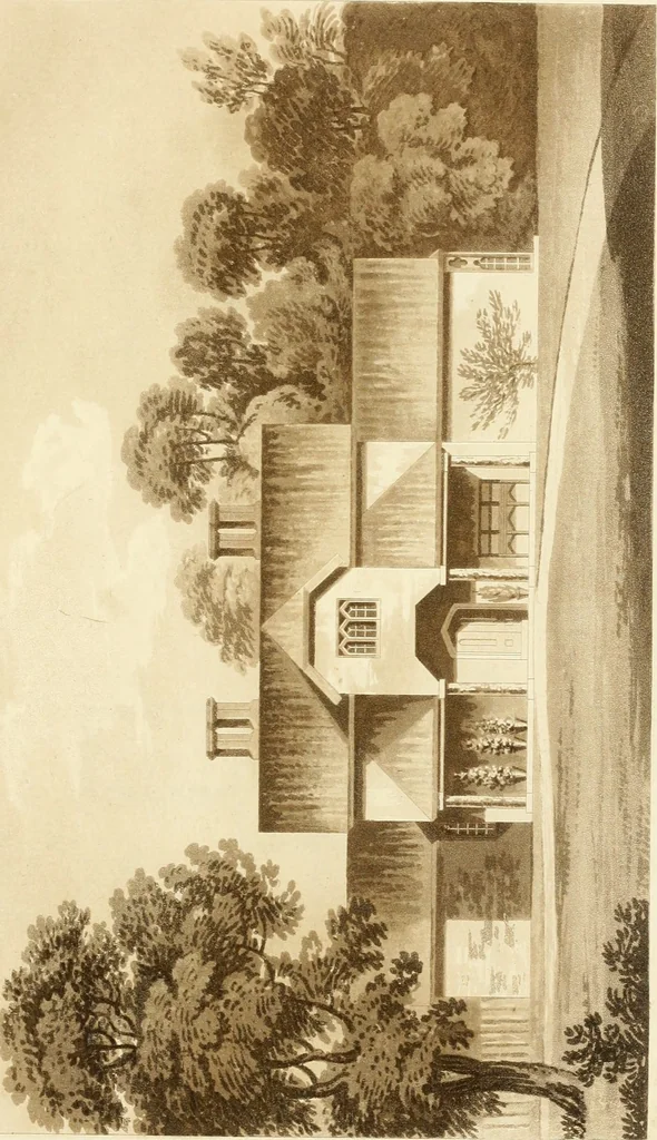An illustration from Architectural designs for rustic cottages, picturesque dwellings, villas, &c. : with appropriate scenery, plans and descriptions : to which are prefixed, some critical observations on their style and character : and also of castles, abbies, and ancient English houses, concluding with practical remarks on building, and the causes of the dry rot, 1807, leaf 80