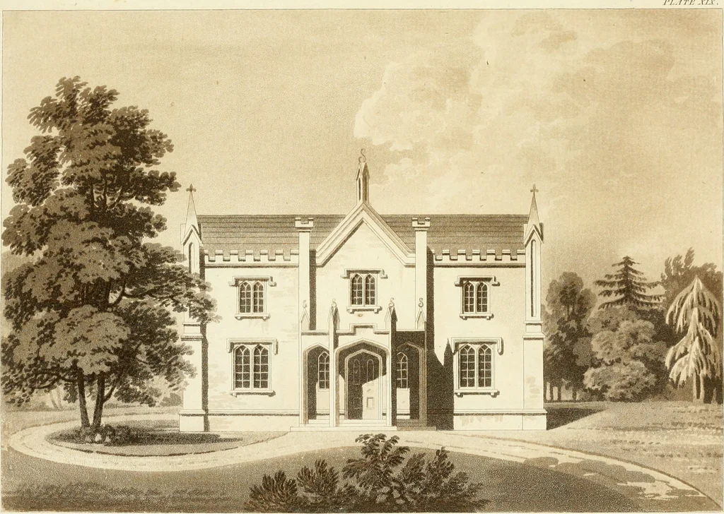 An illustration from Architectural designs for rustic cottages, picturesque dwellings, villas, &c. : with appropriate scenery, plans and descriptions : to which are prefixed, some critical observations on their style and character : and also of castles, abbies, and ancient English houses, concluding with practical remarks on building, and the causes of the dry rot, 1807, leaf 84