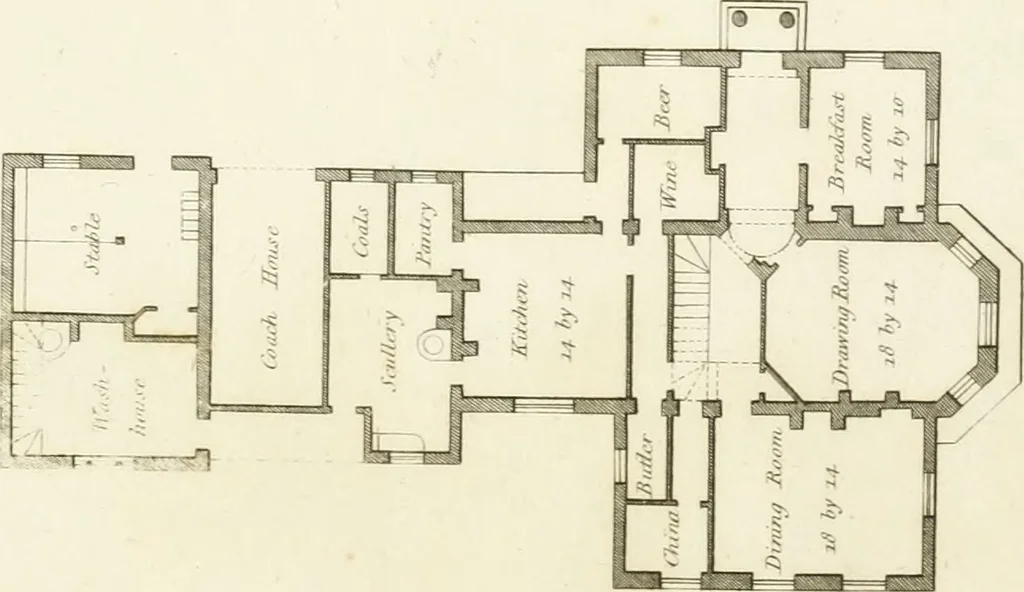 An illustration from Architectural designs for rustic cottages, picturesque dwellings, villas, &c. : with appropriate scenery, plans and descriptions : to which are prefixed, some critical observations on their style and character : and also of castles, abbies, and ancient English houses, concluding with practical remarks on building, and the causes of the dry rot, 1807, leaf 86
