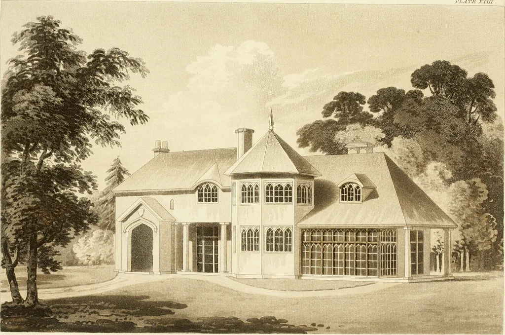 An illustration from Architectural designs for rustic cottages, picturesque dwellings, villas, &c. : with appropriate scenery, plans and descriptions : to which are prefixed, some critical observations on their style and character : and also of castles, abbies, and ancient English houses, concluding with practical remarks on building, and the causes of the dry rot, 1807, leaf 92