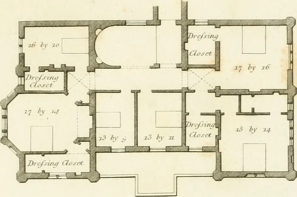 An illustration from Architectural designs for rustic cottages, picturesque dwellings, villas, &c. : with appropriate scenery, plans and descriptions : to which are prefixed, some critical observations on their style and character : and also of castles, abbies, and ancient English houses, concluding with practical remarks on building, and the causes of the dry rot, 1807, leaf 94