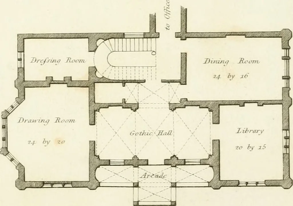 An illustration from Architectural designs for rustic cottages, picturesque dwellings, villas, &c. : with appropriate scenery, plans and descriptions : to which are prefixed, some critical observations on their style and character : and also of castles, abbies, and ancient English houses, concluding with practical remarks on building, and the causes of the dry rot, 1807, leaf 94