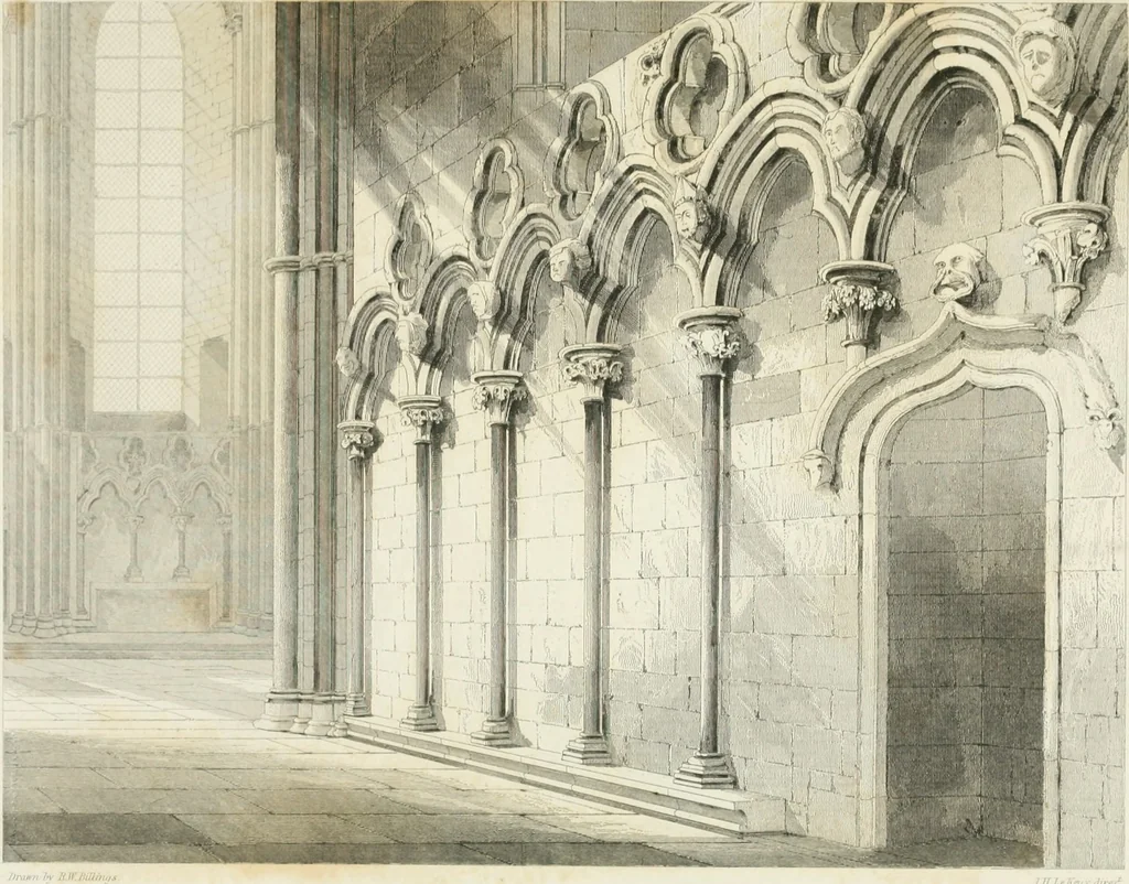 An illustration from Architectural illustrations and description of the cathedral church at Durham, 1843, leaf 196