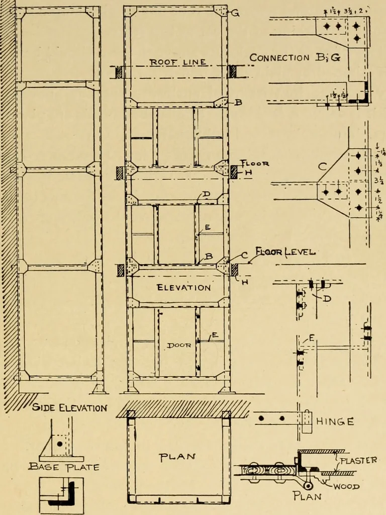 An illustration from Architectural iron and steel, and its application in the construction of buildings ... specifications of ironwork ... tables selected expressly for this work ... by Wm. H. Birkmire, 1905, leaf 110