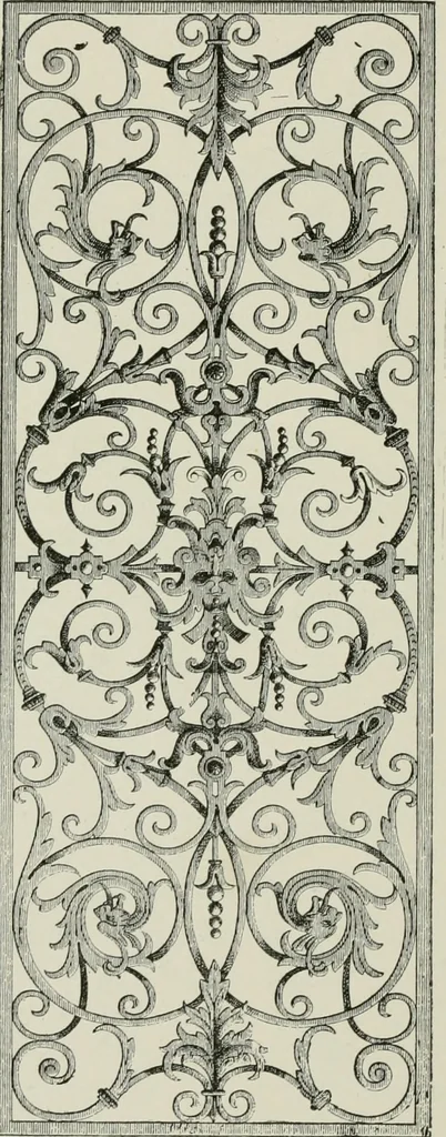 An illustration from Architectural iron and steel : and its application in the construction of buildings, including beams and girders in floor construction, rolled iron struts, wrought and cast-iron columns, fire-proof columns, column connections, cast-iron lintels, roof trusses, stairways, elevator enclosures, ornamental iron, floor lights, and skylights, vault lights, doors, and shutters, window guards and grilles, etc., etc., with specification of ironwork and selected papers in relation to ironwork, from a revision of the present law before the legislature affecting public interests in the city of New York, in so far as the same regulates the construction of buildings in said city, tables selected expressly for this work, of the properties of beams, channels, tees and angles, used as beams, struts and columns, weights of iron and steel bars, capacity of tanks, areas of circles, weights of circular and square cast-iron columns, weights of substances, tables of squares, cubes, etc., weights of sheet copper, brass and iron, etc, 1892, leaf 103