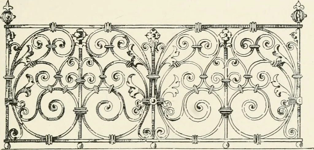 An illustration from Architectural iron and steel : and its application in the construction of buildings, including beams and girders in floor construction, rolled iron struts, wrought and cast-iron columns, fire-proof columns, column connections, cast-iron lintels, roof trusses, stairways, elevator enclosures, ornamental iron, floor lights, and skylights, vault lights, doors, and shutters, window guards and grilles, etc., etc., with specification of ironwork and selected papers in relation to ironwork, from a revision of the present law before the legislature affecting public interests in the city of New York, in so far as the same regulates the construction of buildings in said city, tables selected expressly for this work, of the properties of beams, channels, tees and angles, used as beams, struts and columns, weights of iron and steel bars, capacity of tanks, areas of circles, weights of circular and square cast-iron columns, weights of substances, tables of squares, cubes, etc., weights of sheet copper, brass and iron, etc, 1892, leaf 108