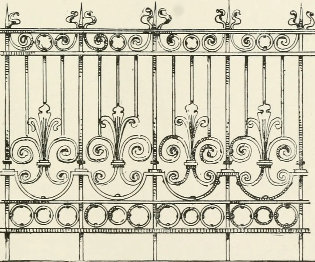 An illustration from Architectural iron and steel : and its application in the construction of buildings, including beams and girders in floor construction, rolled iron struts, wrought and cast-iron columns, fire-proof columns, column connections, cast-iron lintels, roof trusses, stairways, elevator enclosures, ornamental iron, floor lights, and skylights, vault lights, doors, and shutters, window guards and grilles, etc., etc., with specification of ironwork and selected papers in relation to ironwork, from a revision of the present law before the legislature affecting public interests in the city of New York, in so far as the same regulates the construction of buildings in said city, tables selected expressly for this work, of the properties of beams, channels, tees and angles, used as beams, struts and columns, weights of iron and steel bars, capacity of tanks, areas of circles, weights of circular and square cast-iron columns, weights of substances, tables of squares, cubes, etc., weights of sheet copper, brass and iron, etc, 1892, leaf 108