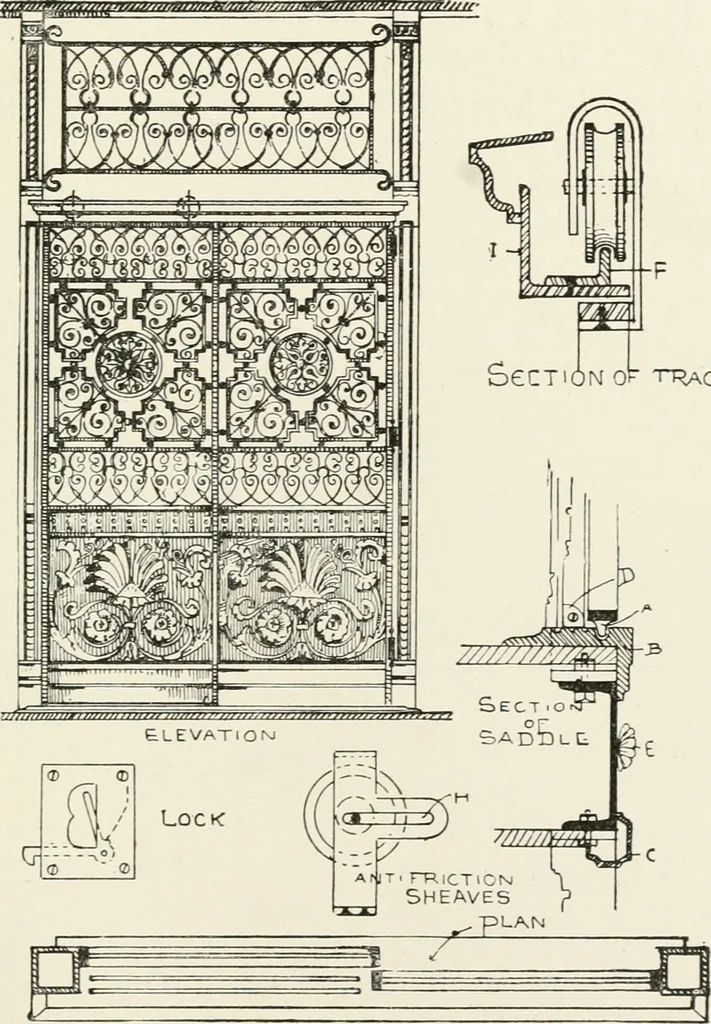 An illustration from Architectural iron and steel : and its application in the construction of buildings, including beams and girders in floor construction, rolled iron struts, wrought and cast-iron columns, fire-proof columns, column connections, cast-iron lintels, roof trusses, stairways, elevator enclosures, ornamental iron, floor lights, and skylights, vault lights, doors, and shutters, window guards and grilles, etc., etc., with specification of ironwork and selected papers in relation to ironwork, from a revision of the present law before the legislature affecting public interests in the city of New York, in so far as the same regulates the construction of buildings in said city, tables selected expressly for this work, of the properties of beams, channels, tees and angles, used as beams, struts and columns, weights of iron and steel bars, capacity of tanks, areas of circles, weights of circular and square cast-iron columns, weights of substances, tables of squares, cubes, etc., weights of sheet copper, brass and iron, etc, 1892, leaf 110