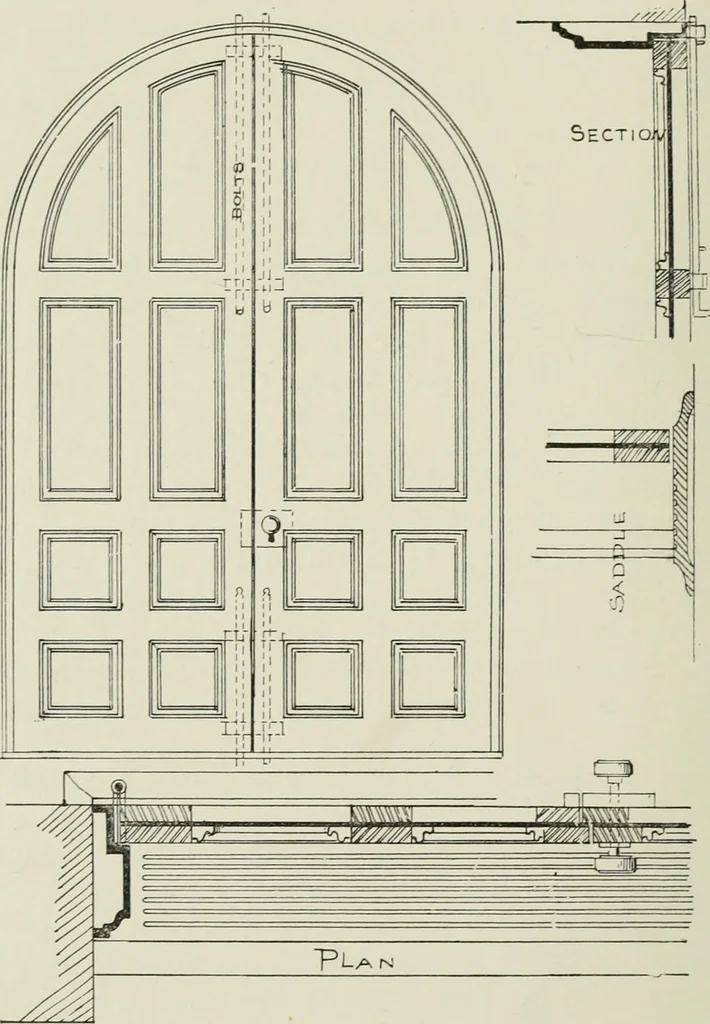 An illustration from Architectural iron and steel : and its application in the construction of buildings, including beams and girders in floor construction, rolled iron struts, wrought and cast-iron columns, fire-proof columns, column connections, cast-iron lintels, roof trusses, stairways, elevator enclosures, ornamental iron, floor lights, and skylights, vault lights, doors, and shutters, window guards and grilles, etc., etc., with specification of ironwork and selected papers in relation to ironwork, from a revision of the present law before the legislature affecting public interests in the city of New York, in so far as the same regulates the construction of buildings in said city, tables selected expressly for this work, of the properties of beams, channels, tees and angles, used as beams, struts and columns, weights of iron and steel bars, capacity of tanks, areas of circles, weights of circular and square cast-iron columns, weights of substances, tables of squares, cubes, etc., weights of sheet copper, brass and iron, etc, 1892, leaf 117