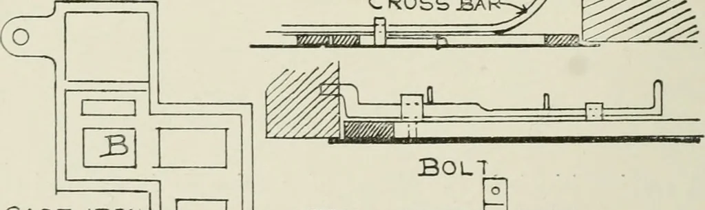 An illustration from Architectural iron and steel : and its application in the construction of buildings, including beams and girders in floor construction, rolled iron struts, wrought and cast-iron columns, fire-proof columns, column connections, cast-iron lintels, roof trusses, stairways, elevator enclosures, ornamental iron, floor lights, and skylights, vault lights, doors, and shutters, window guards and grilles, etc., etc., with specification of ironwork and selected papers in relation to ironwork, from a revision of the present law before the legislature affecting public interests in the city of New York, in so far as the same regulates the construction of buildings in said city, tables selected expressly for this work, of the properties of beams, channels, tees and angles, used as beams, struts and columns, weights of iron and steel bars, capacity of tanks, areas of circles, weights of circular and square cast-iron columns, weights of substances, tables of squares, cubes, etc., weights of sheet copper, brass and iron, etc, 1892, leaf 119